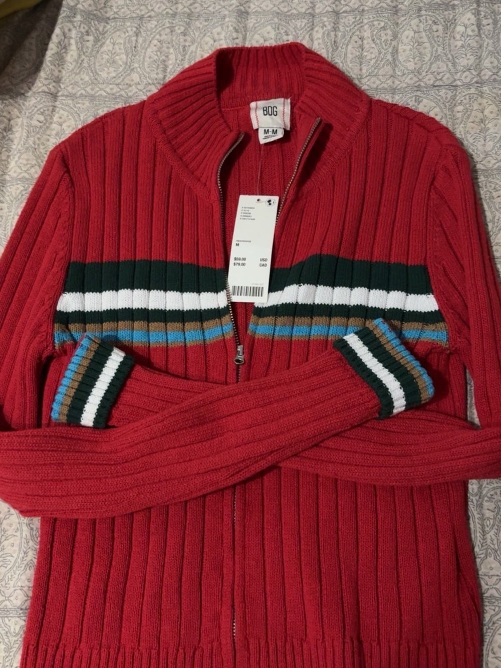BDG Red Ribbed Zip-Up Sweater with Multicolor Stripes